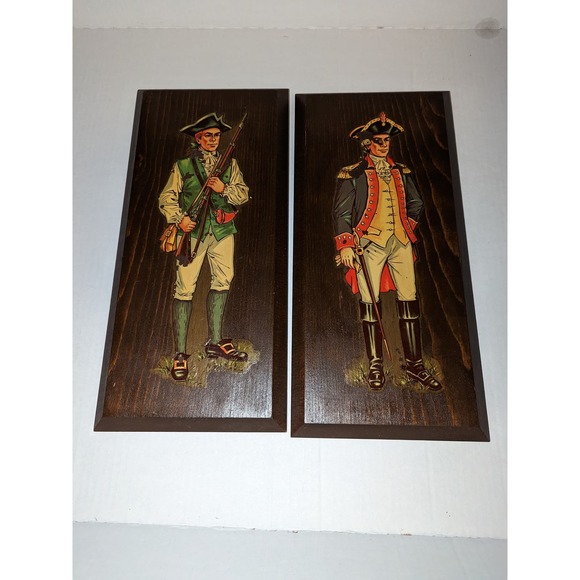 Vintage Set American Revolutionary Soldier Wooden Plaques Bicentennial Decor - Picture 1 of 4